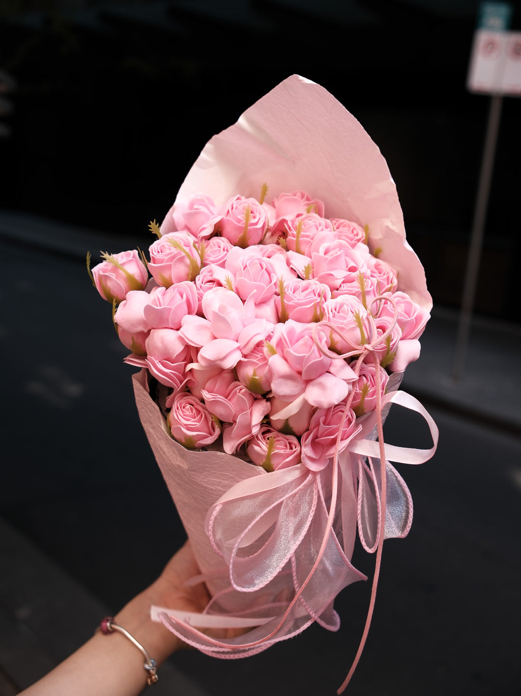 Pink Ranunculus Buds & Suede Ribbon Bouquet