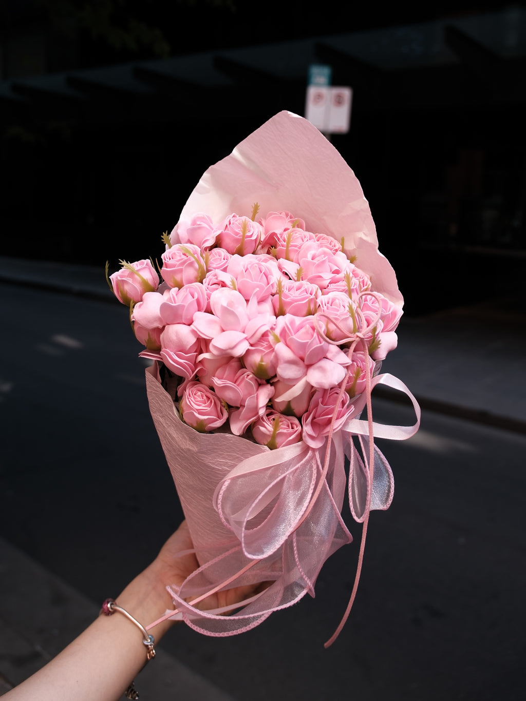 Pink Ranunculus Buds & Suede Ribbon Bouquet