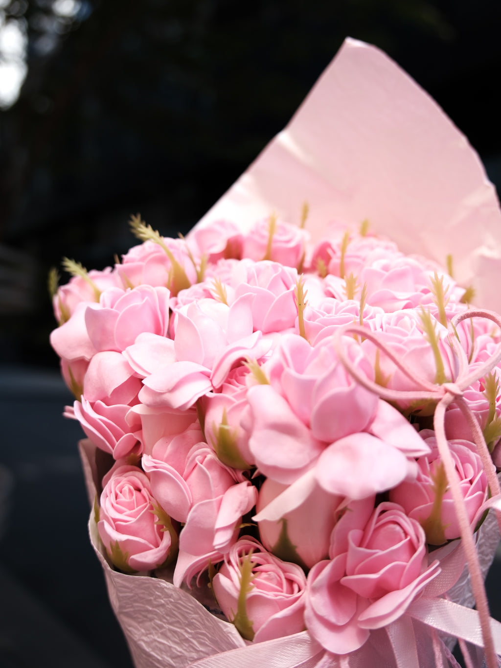 Pink Ranunculus Buds & Suede Ribbon Bouquet